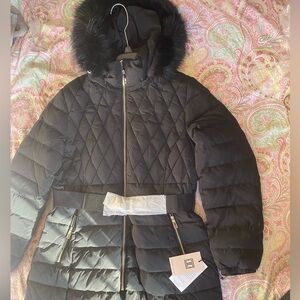NWT Black Quilted Puffer Coat w/ Faux Fur Hood & Belt | Size L